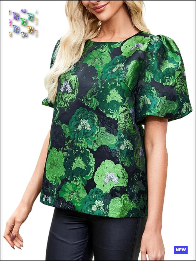 Womens Floral Jacquard Shirt Crewneck Puff Sleeve Blouse Elegant Work Shift Top